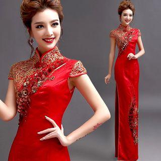 Flower Applique Short Sleeve Wedding Qipao