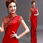 Flower Applique Short Sleeve Wedding Qipao
