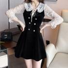 Long-sleeve Lace Panel Corduroy Mini A-line Dress