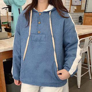 Buttoned Placket Contrast Trim Hoodie