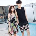 Couple Matching Floral Print Cutout Shoulder Dress / Plain Tank Top / Shorts
