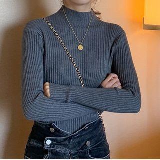 Long-sleeve Semi Turtleneck Plain Ribbed Slim Fit Knit Top