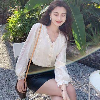 V-neck Lace Plain Blouse