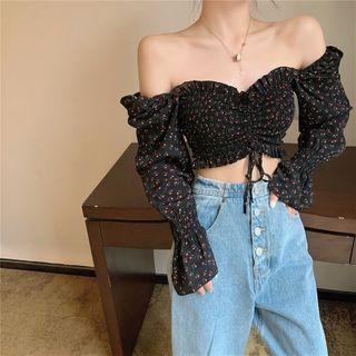 Floral Long-sleeve Drawstring Cropped Blouse Floral Print - Black - One Size