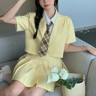 Short-sleeve Plain Shirt / Blazer / Mini Pleated Skirt / Plaid Tie
