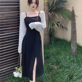 Spaghetti Strap Slit Midi A-line Dress / Long-sleeve Shrug