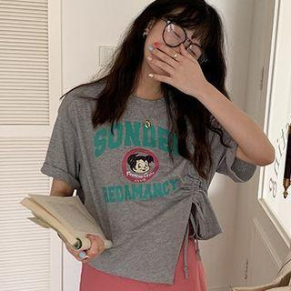 Short-sleeve Cartoon Drawstring T-shirt