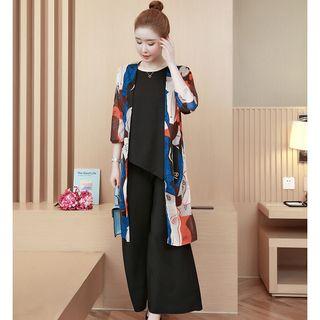 Set: Tank Top + Wide Leg Pants + Floral Light Jacket