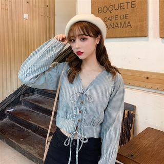 Check Bow-accent Long-sleeve Cropped Blouse
