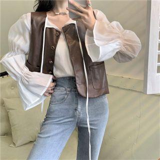 Faux Leather Vest / Flare-sleeve Top