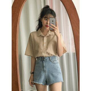 Elbow-sleeve Linen Blend Polo Shirt