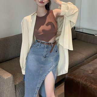 Asymmetrical Crop Tank Top / Shirt / Slit Denim Midi Pencil Skirt