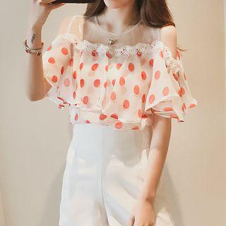 Dotted Cold-shoulder Ruffle Chiffon Top