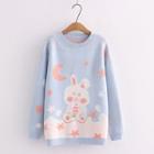 Rabbit Print Sweater Rabbit & Moon - Light Blue - One Size