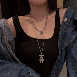 Rhinestone Bear Pendant Layered Necklace Silver - One Size