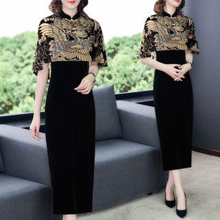 Crane Print Elbow-sleeve Midi Sheath Dress