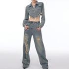 Cropped Denim Jacket / Distressed Wide Leg Jeans / Mini Pencil Skirt