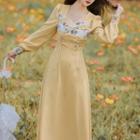 Long-sleeve Floral Lace-up Midi A-line Dress