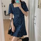 Short-sleeve Square-neck Print Mini A-line Dress