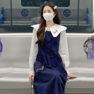 Long-sleeve Floral Embroidered Blouse / Midi A-line Overall Dress