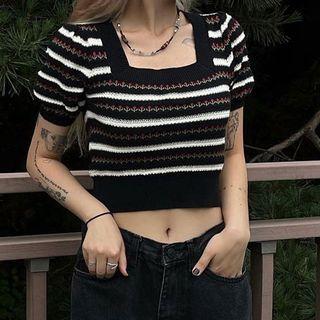 Short Sleeve Square-neck Striped Crop Knit Top
