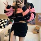 Striped Cropped Sweater Stripes - Black & Pink - One Size