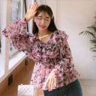 Long-sleeve Floral Print Chiffon Blouse Floral - Pink - One Size