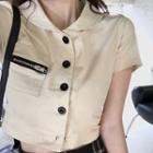 Cropped Button Short-sleeve Shirt Beige - One Size