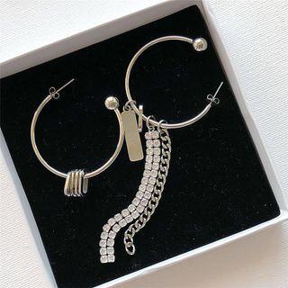 Rhinestone Fringed Asymmetrical Open Hoop Earring 1 Pair - Silver - One Size
