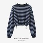 Round-neck Two Tone Striped Drawstring Cropped Top