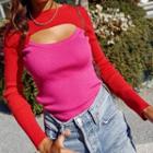 Two Tone Cutout Ribbed Knit Top