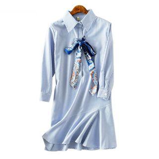 Bow Pinstripe Long-sleeve Shirtdress