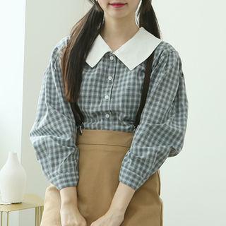 Puritan-collar Plaid Blouse