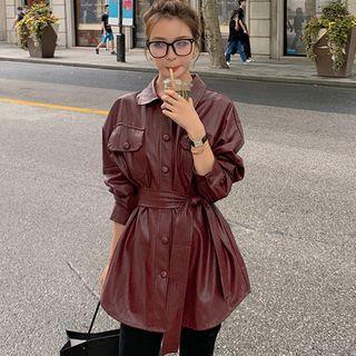 Plain Faux Leather Jacket With Sash