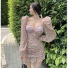 Deep V-neck Puff-sleeve Floral Mini Dress