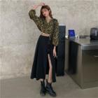 Set: Long-sleeve Leopard Print Blouse + Midi A-line Skirt