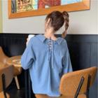 Long-sleeve Drawstring Back Plain Blouse