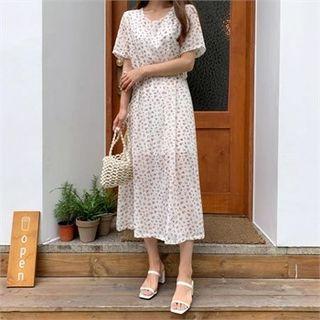 Round-neck Gathered-waist Floral Print Dress