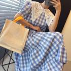 Short-sleeve Lace Collar Plaid Midi A-line Dress