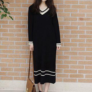 V-neck Striped Long-sleeve Midi Knit Dress