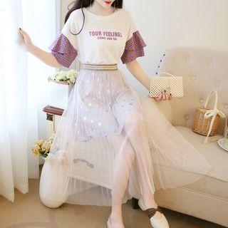 Set: Elbow-sleeve Plaid Paneled T-shirt + Overlay Midi Skirt