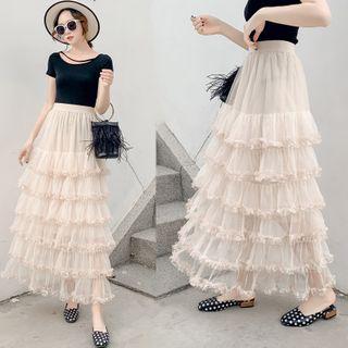 Ruffle Trim Layered Mesh Skirt