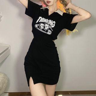 Short-sleeve Cutout Lettering Polo Dress