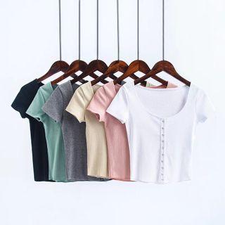 Short Sleeve Button Knit Top