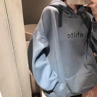 Lettering Print Fleece Long-sleeve Hooded Sweatshirt Blue - One Size