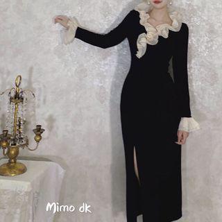 Ruffle Long-sleeve Midi Sheath Dress
