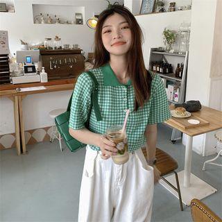 Elbow-sleeve Polo Neck Plaid Knit Top Green - One Size
