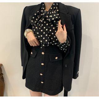 Long-sleeve Tie-neck Dotted Blouse / Mini A-line Skirt / Single-breasted Blazer