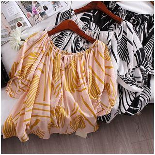 Puff-sleeve Printed Off-shoulder Top