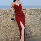 Spaghetti Strap Frill Trim Slit Maxi Sheath Dress